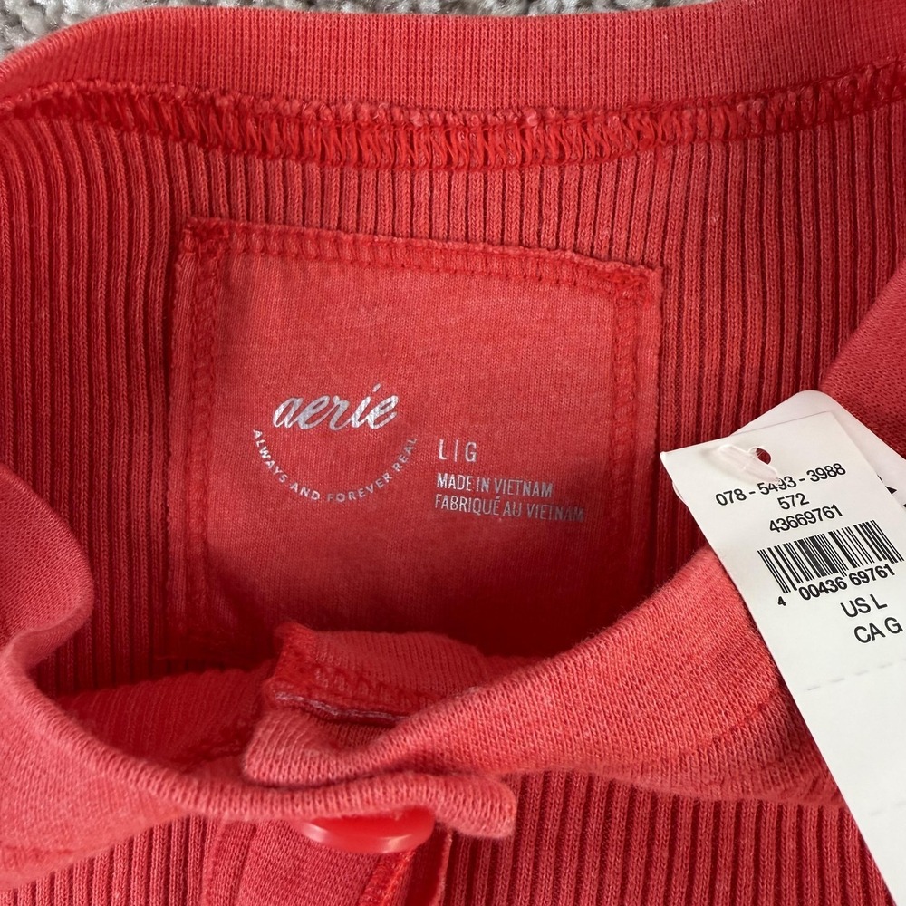 Aerie Shirt Womens Large Red Ribbed Henley Long Sleeve Stretch Knit Basic Top - Picture 3 of 8